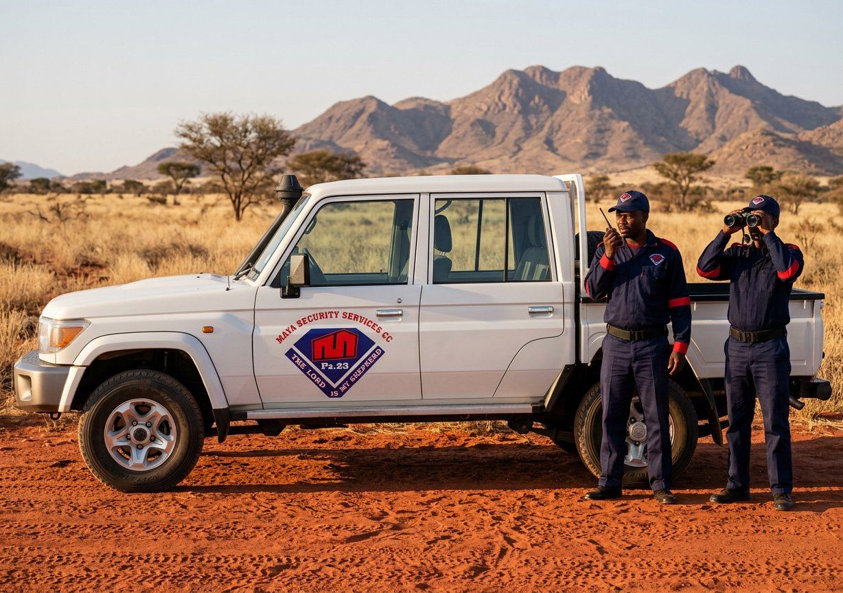 Maya Security branded deployment vehicle with officers on observation duty in the Namibian highlands