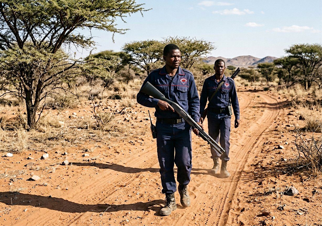 Maya officers on armed anti-poaching patrol along a Namibian dirt track